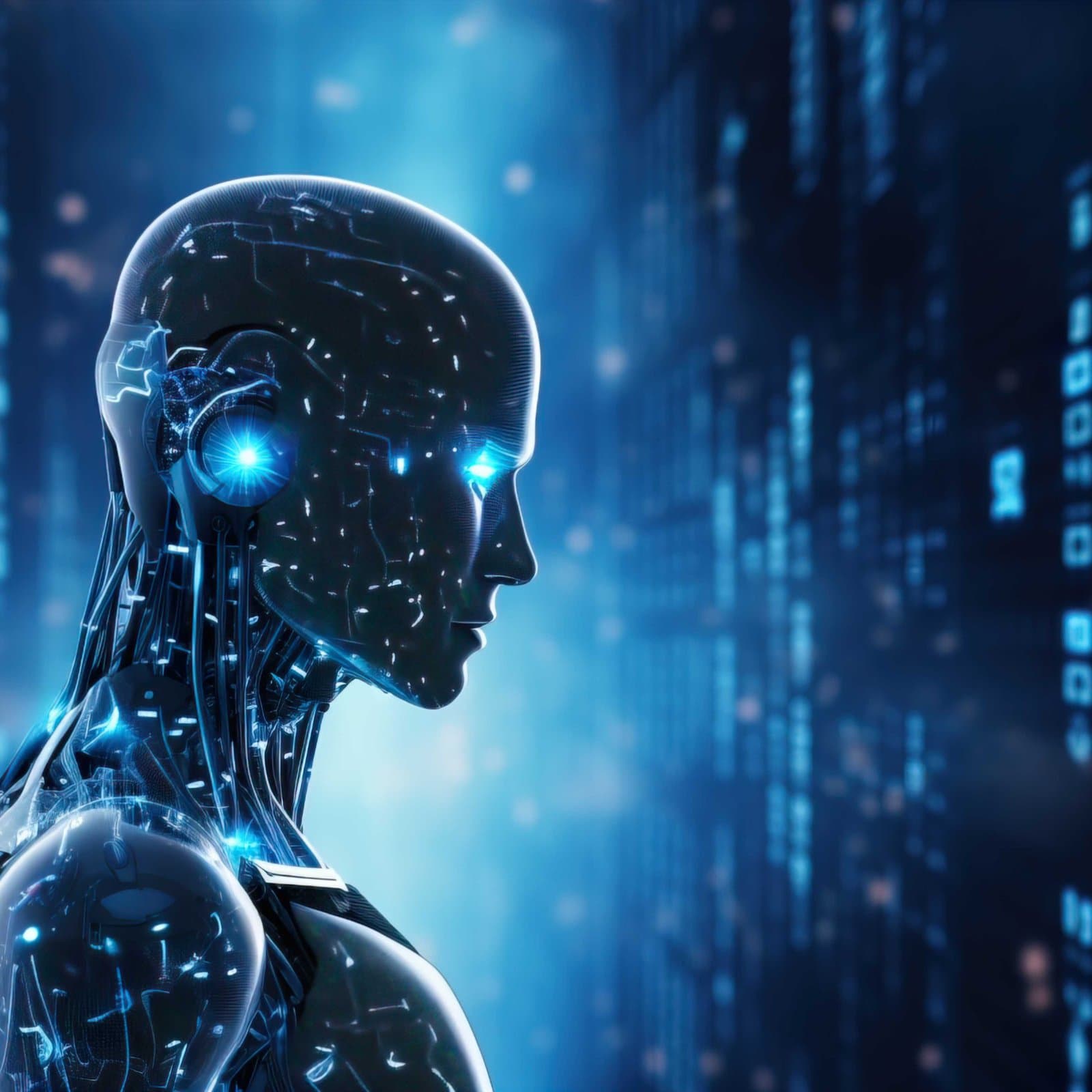 Android head rendered in blue circuitry