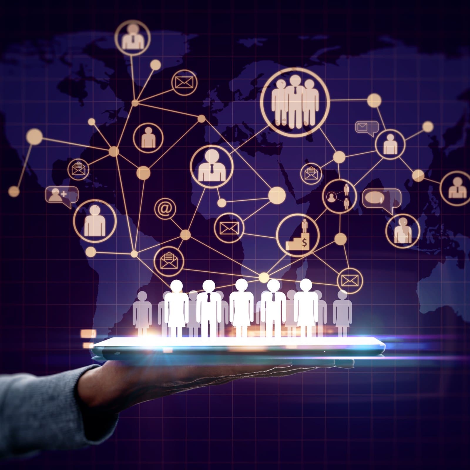 Network of people icons over a world map